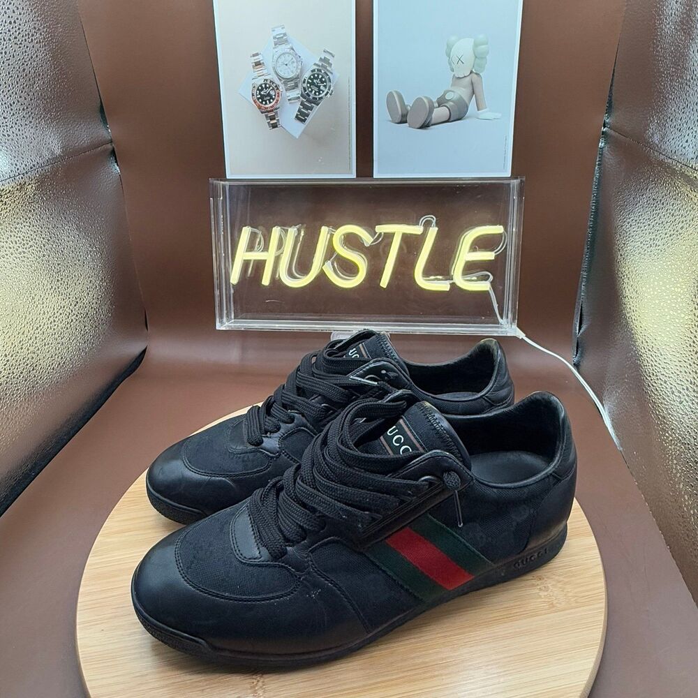Gucci Guccissima Black Leather and Classic Web Men's Sneakers Sz 7.5 - Picture 2 of 12